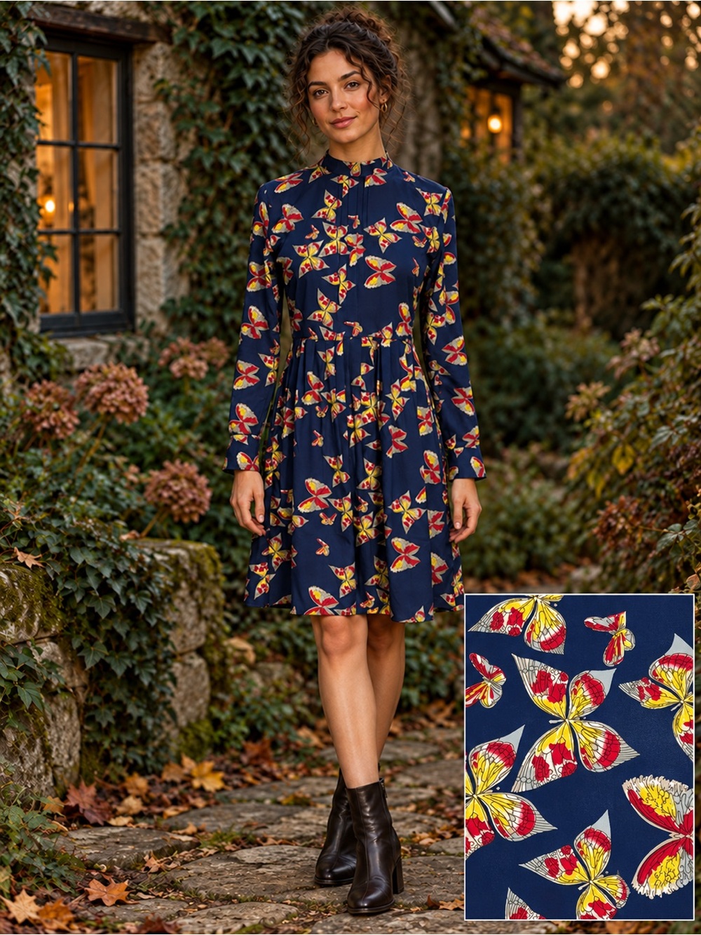 Walter Baker Butterfly Print Dress Navy Jewel Tone Long Sleeve Size 10 Fits Medi
